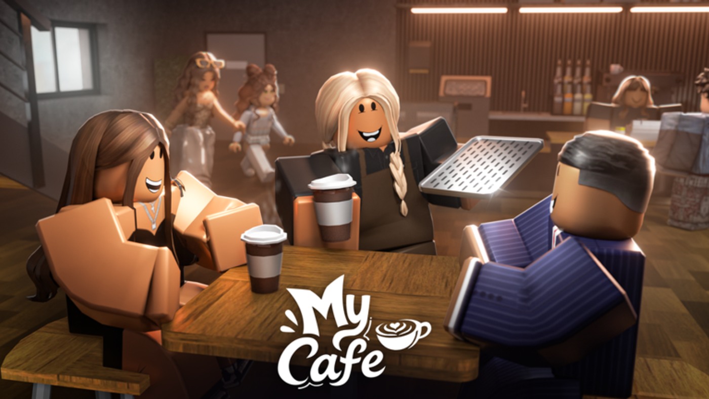 Roblox My Cafe gameplay overview with counters, seating, and service stations